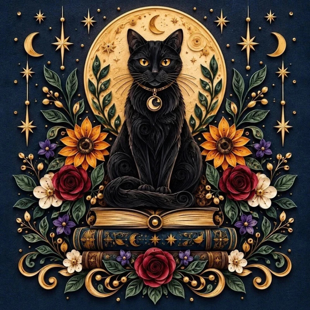 8x8 Framed Black Cat Book Stack Quilling Art Print